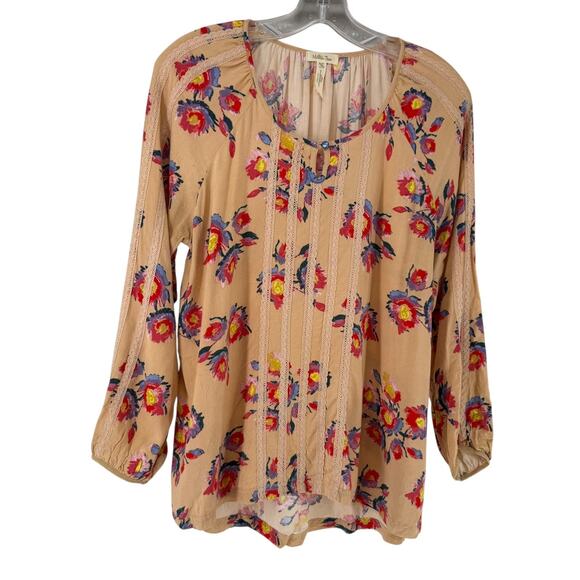 Matilda Jane Top SIze M Peasant Bohemian Lace 3/4 Sleeve Lightweight Tan Floral - Picture 1 of 8
